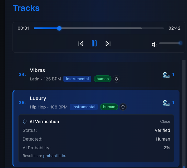 AI Verification Details showing verification status, detected category, AI probability, and model information
